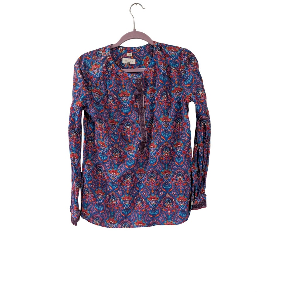 Ann Taylor Loft Blouse Womens Small Blue Paisley The Softened Long Sleeve Shirt